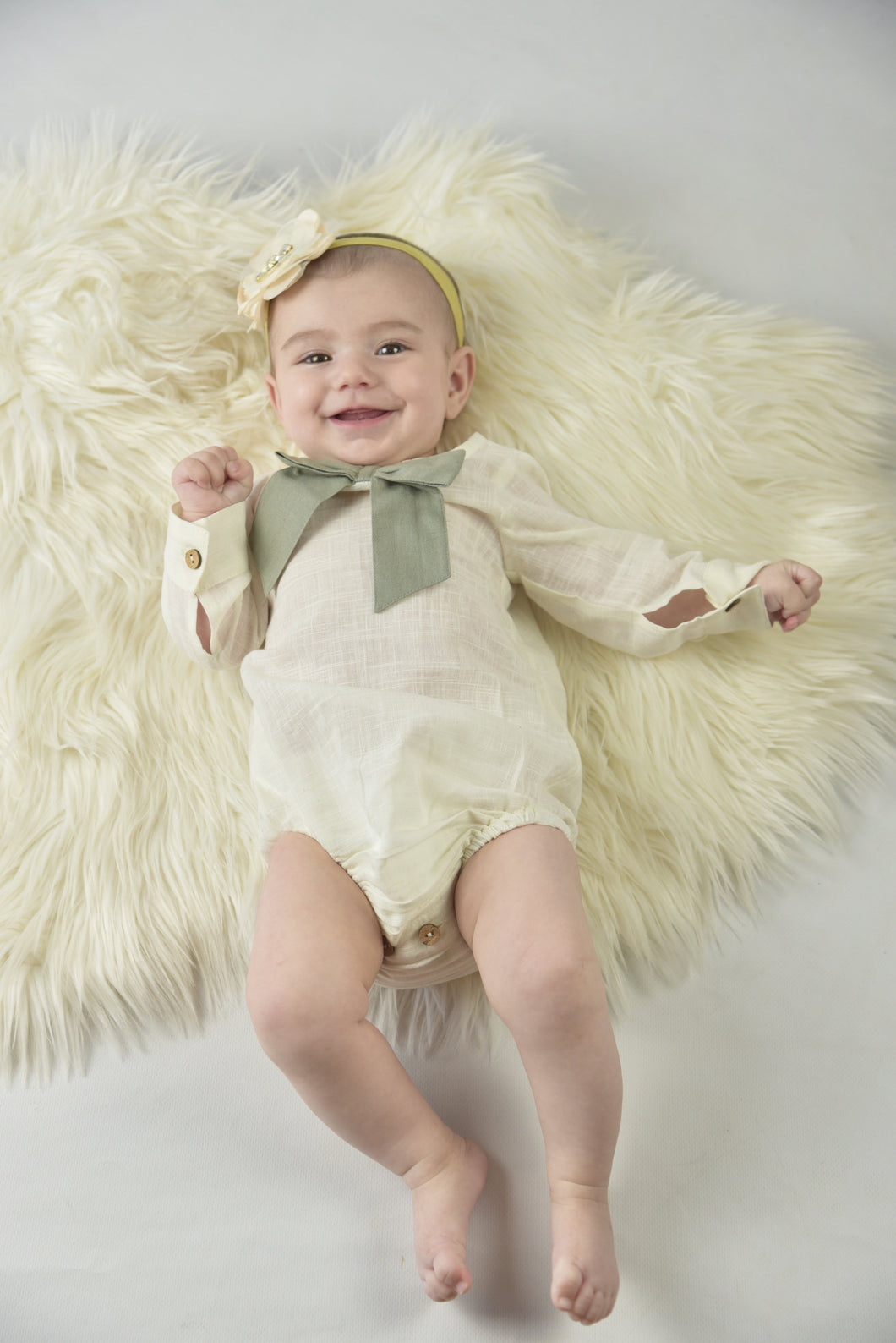 White Romper With Attached Bow-Sage
