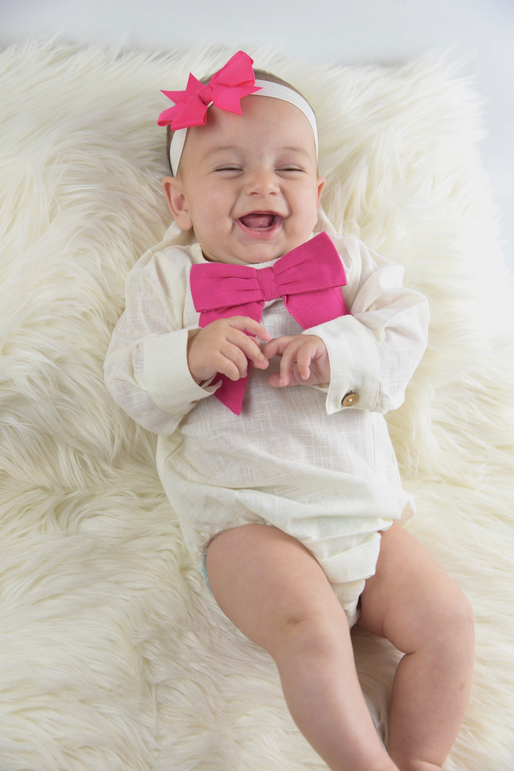 White Romper With Attached Bow-Hot Pink