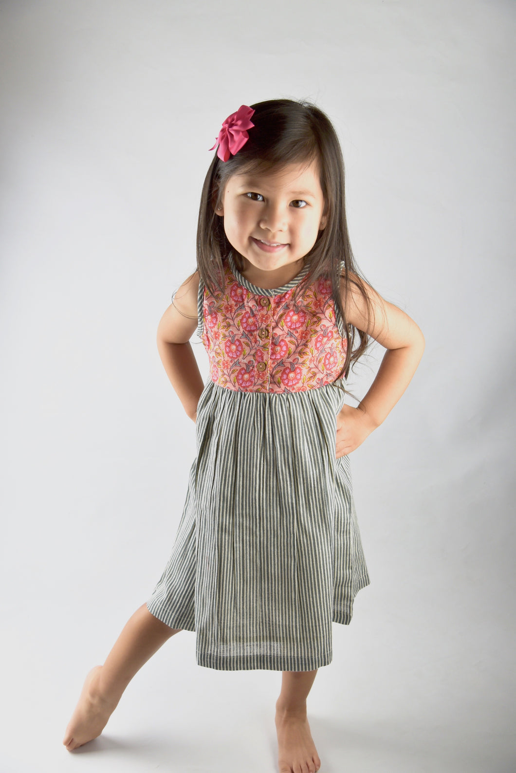 Floral And Grey Pin Stripe Dress - Kids Wholesale Boutique Clothing, Dress - Girls Dresses, Yo Baby Wholesale - Yo Baby