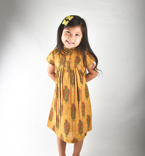Mustard Printed Dress with Yoke Detail and Chinese Collar - Kids Wholesale Boutique Clothing, Dress - Girls Dresses, Yo Baby Wholesale - Yo Baby