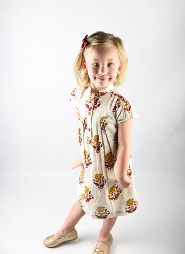 Off white Printed Dress with Yoke Detail and Chinese Collar - Kids Wholesale Boutique Clothing, Dress - Girls Dresses, Yo Baby Wholesale - Yo Baby