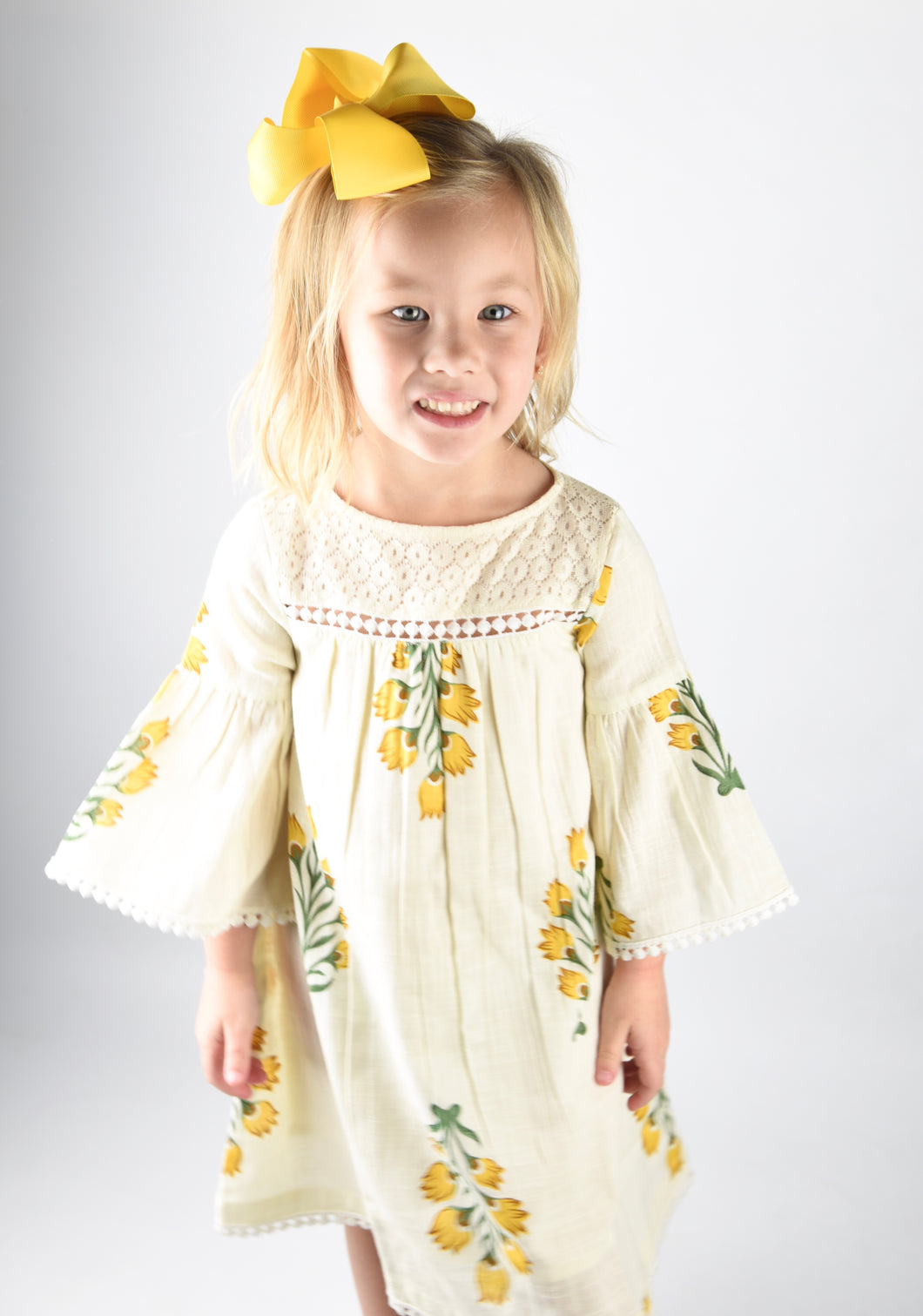 Off White and Yellow Floral Dress with Lace Detail - Kids Wholesale Boutique Clothing, Dress - Girls Dresses, Yo Baby Wholesale - Yo Baby