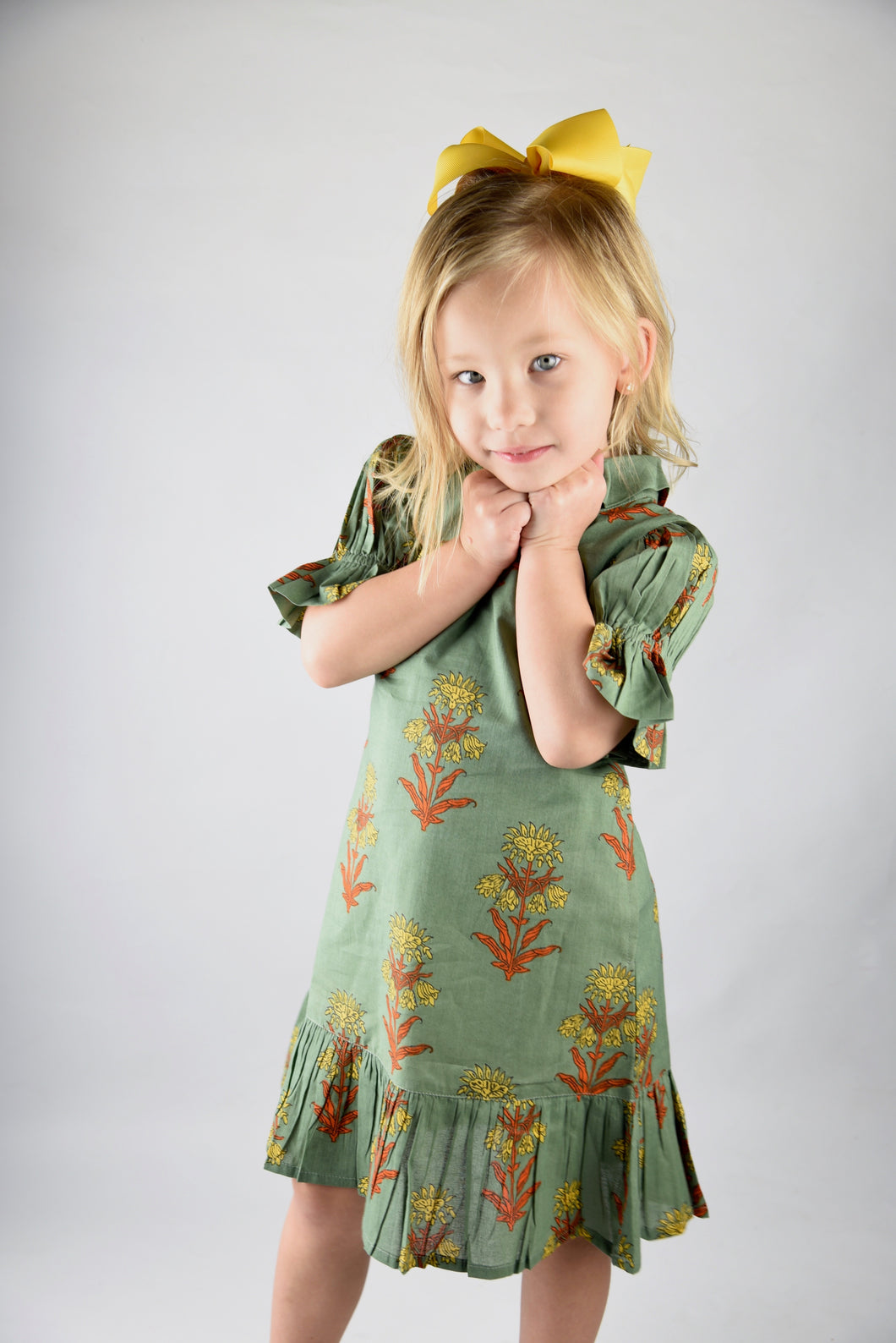 Sage Green Printed Dress with Puff Sleeves and Collar - Kids Wholesale Boutique Clothing, Dress - Girls Dresses, Yo Baby Wholesale - Yo Baby