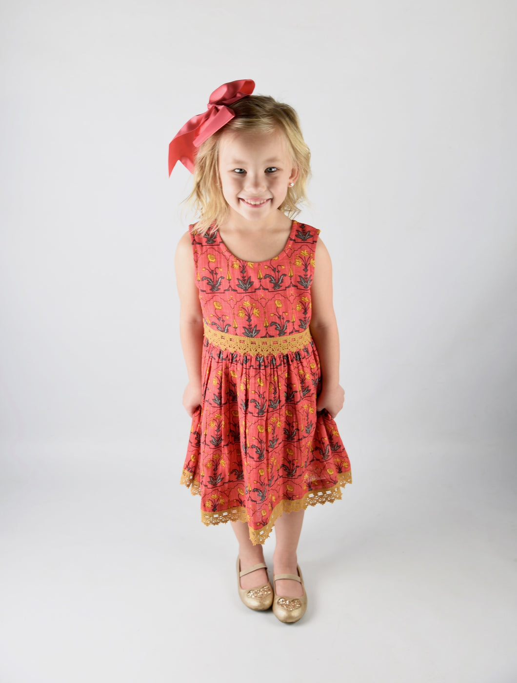 Peach and Yellow Print and Lace Detail Dress - Kids Wholesale Boutique Clothing, Dress - Girls Dresses, Yo Baby Wholesale - Yo Baby