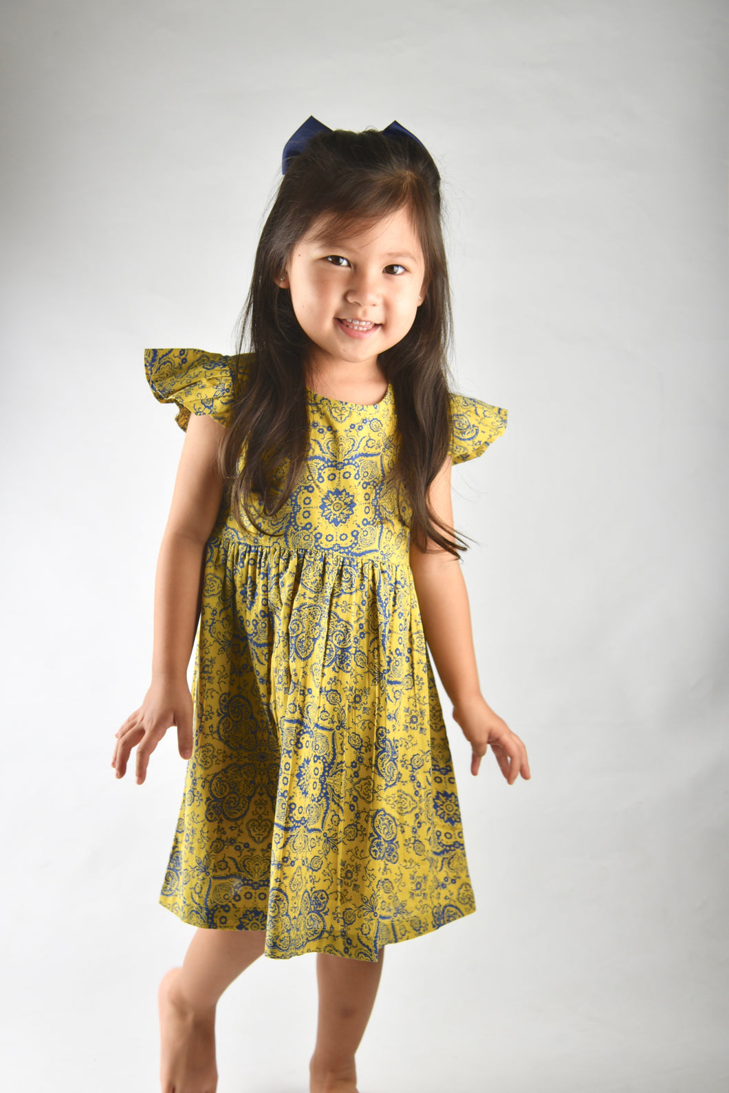 Printed Yellow Flutter Sleeve Dress - Kids Wholesale Boutique Clothing, Dress - Girls Dresses, Yo Baby Wholesale - Yo Baby