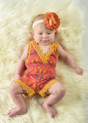 Printed Coral Playsuit with Lace Detail - Kids Wholesale Boutique Clothing, 2-pc. set - Girls Dresses, Yo Baby Wholesale - Yo Baby