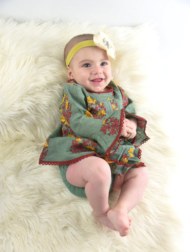 Sage Green Dress With Red Lace Detail & Matching Bloomers