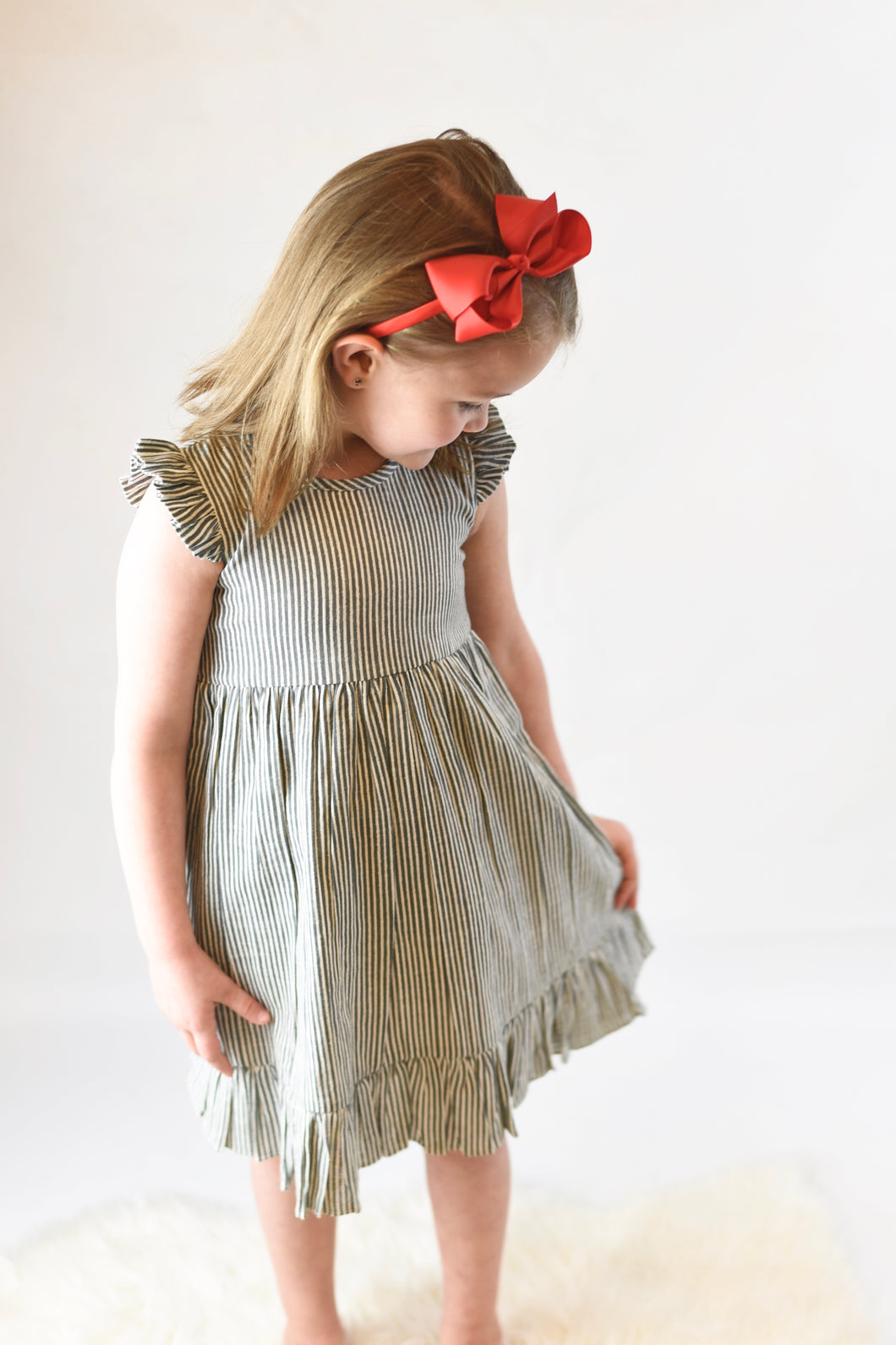 Grey Pin Stripe Ruffle-Sleeve Dress
