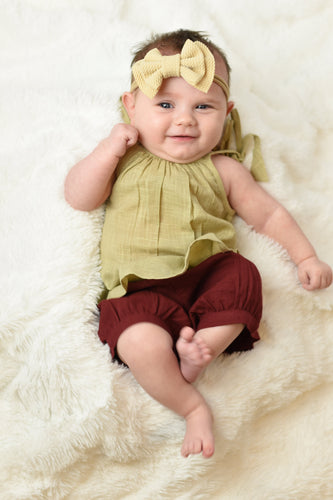 Tan Top with Shoulder Ties & Red Shorts Set