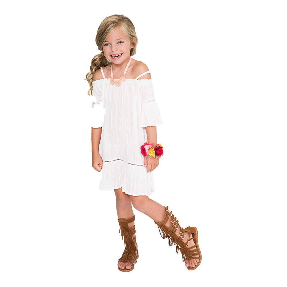 Off-White Lace Detail Off-Shoulder Dress - Kids Wholesale Boutique Clothing, Dress - Girls Dresses, Yo Baby Wholesale - Yo Baby