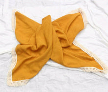Cotton Muslin Swaddle/Towel With Fringe Lace Detail Blanket Yo Baby Wholesale Mustard 