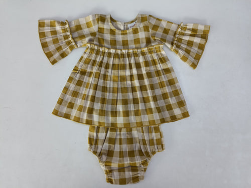 Khaki Checkered Bell Sleeves Dress & Diaper Cover Set dress & diaper cover Yo Baby Wholesale 
