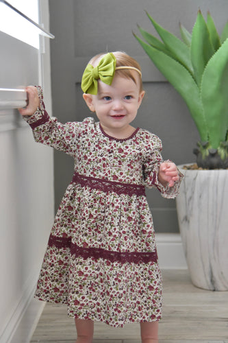 Printed Floral Full-Sleeves Lace Shift Dress With Matching Diaper Cover Dress Yo Baby Wholesale 