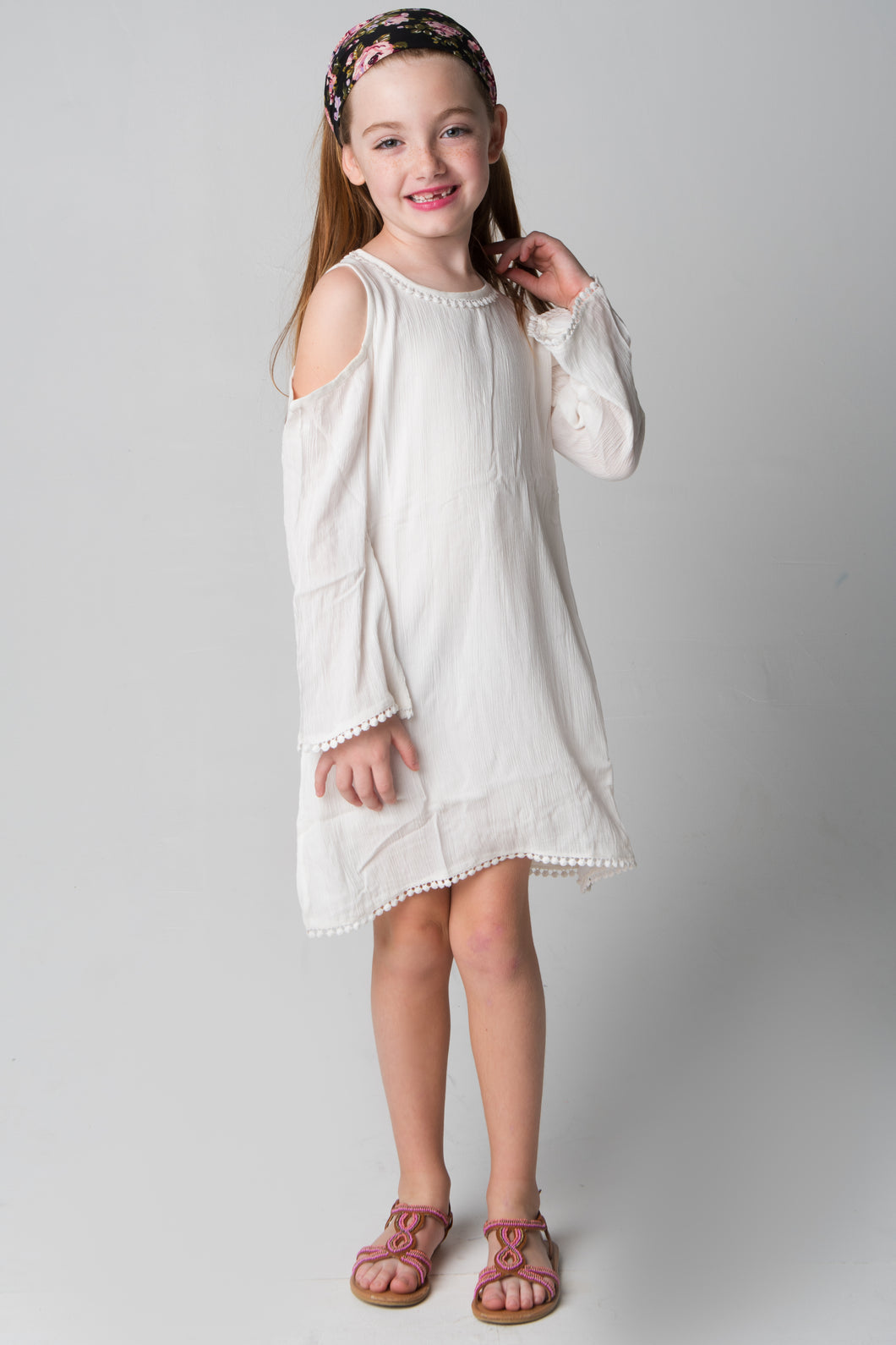 White Lace Detail Cold-Shoulder Dress - Kids Wholesale Boutique Clothing, Dress - Girls Dresses, Yo Baby Wholesale - Yo Baby