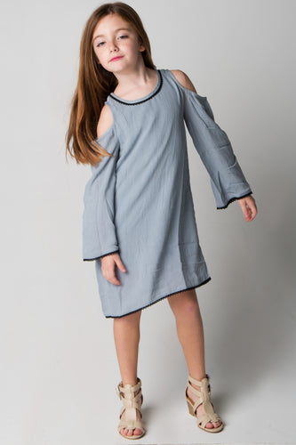 Grey Lace Detail Cold-Shoulder Dress - Kids Wholesale Boutique Clothing, Dress - Girls Dresses, Yo Baby Wholesale - Yo Baby