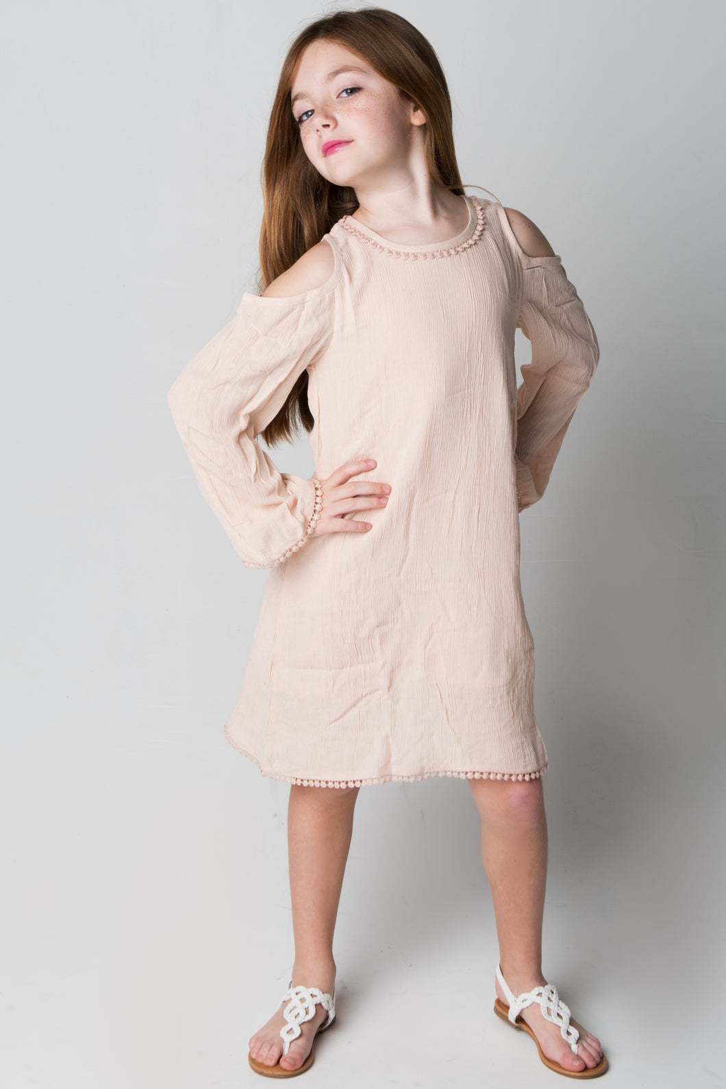 Blush Lace Detail Cold-Shoulder Dress - Kids Wholesale Boutique Clothing, Dress - Girls Dresses, Yo Baby Wholesale - Yo Baby
