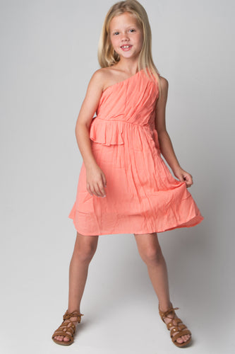 Coral Single Shoulder Pleats & Ruffles Dress - Kids Wholesale Boutique Clothing, Dress - Girls Dresses, Yo Baby Wholesale - Yo Baby