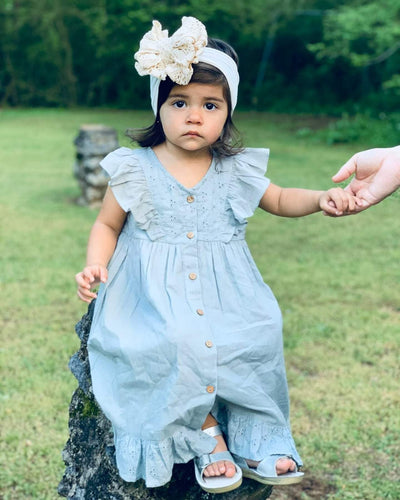 Embroidered Powder Blue Flutter Sleeve Dress With Diaper Cover