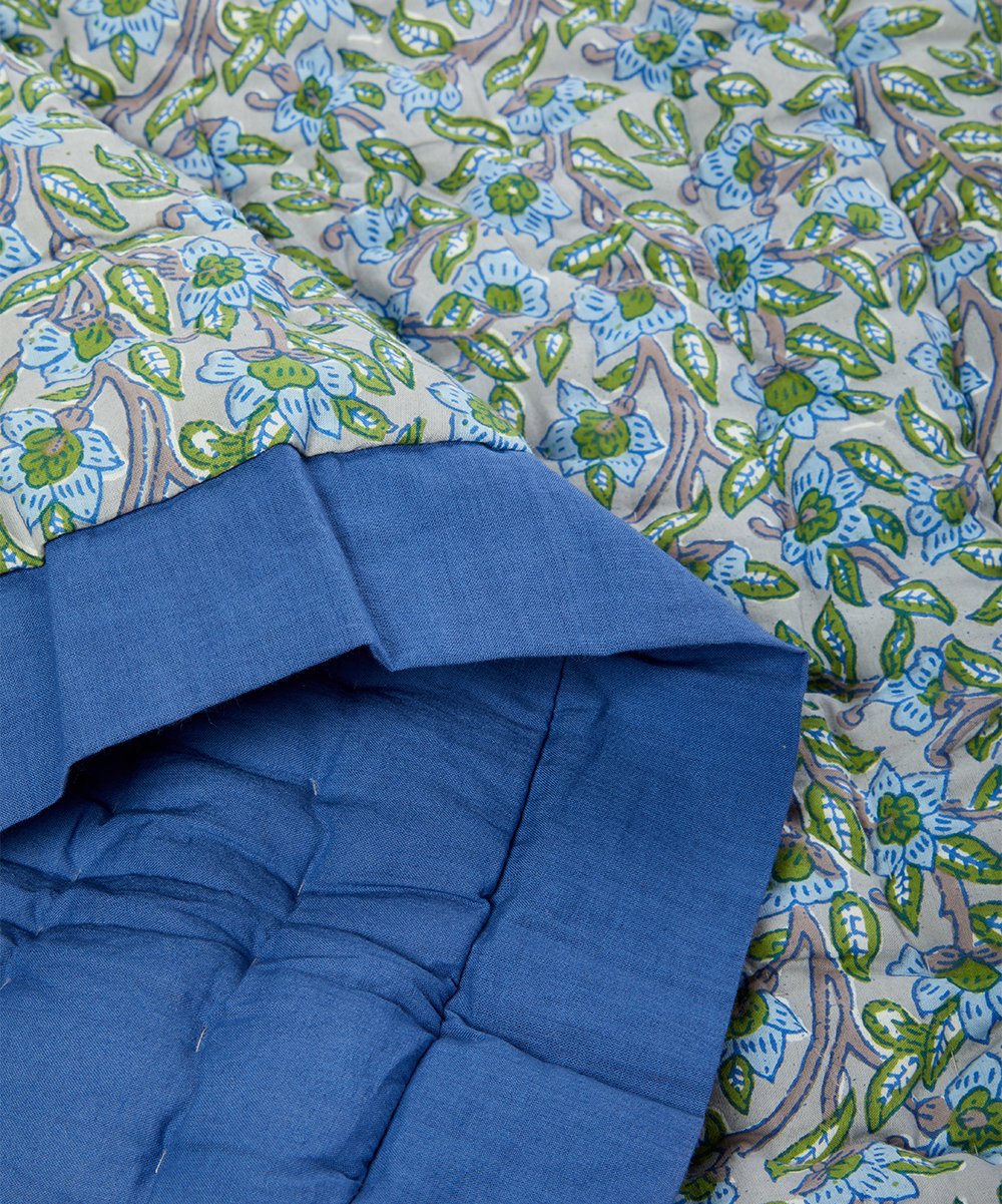 Cobalt Blue-Trim Floral Quilted Blanket