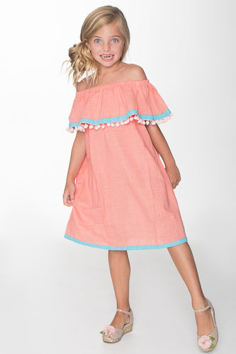 Peach and Blue Off-Shoulder Dress - Kids Wholesale Boutique Clothing, Dress - Girls Dresses, Yo Baby Wholesale - Yo Baby