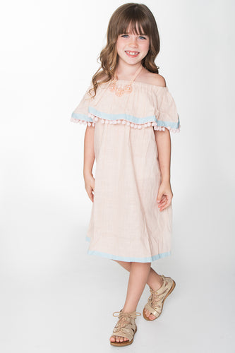 Blush and Light Blue Off-Shoulder Dress - Kids Wholesale Boutique Clothing, Dress - Girls Dresses, Yo Baby Wholesale - Yo Baby