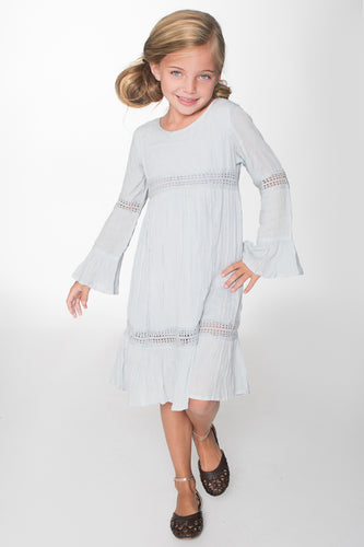 Powder Blue Lace Detail Long Bell Sleeves Dress - Kids Wholesale Boutique Clothing, Dress - Girls Dresses, Yo Baby Wholesale - Yo Baby