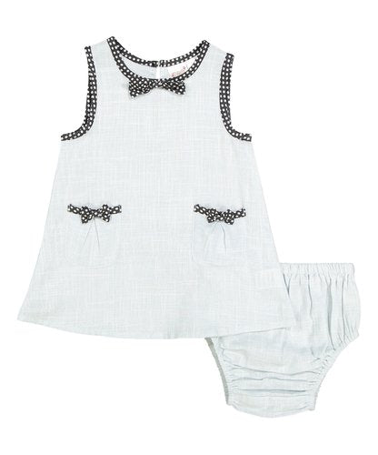 Baby Blue Shift Infant Dress With Polka Dot Piping - Kids Wholesale Boutique Clothing, Dress - Girls Dresses, Yo Baby Wholesale - Yo Baby