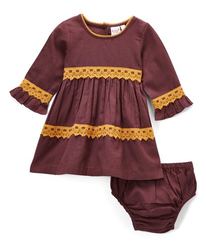 Burgundy With Yellow Lace Detail Swing Dress - Kids Wholesale Boutique Clothing, Dress - Girls Dresses, Yo Baby Wholesale - Yo Baby