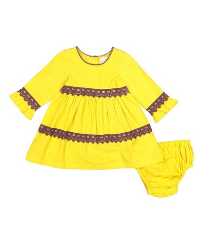 Yellow With Burgundy Lace Detail Swing Dress - Kids Wholesale Boutique Clothing, Dress - Girls Dresses, Yo Baby Wholesale - Yo Baby