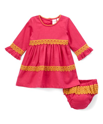 Pink With Yellow Lace Detail Swing Dress - Kids Wholesale Boutique Clothing, Dress - Girls Dresses, Yo Baby Wholesale - Yo Baby