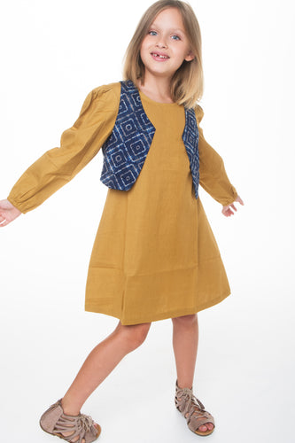 Mustard Shift Dress and Blue Vest 2pc.Set - Kids Wholesale Boutique Clothing, Dress - Girls Dresses, Yo Baby Wholesale - Yo Baby