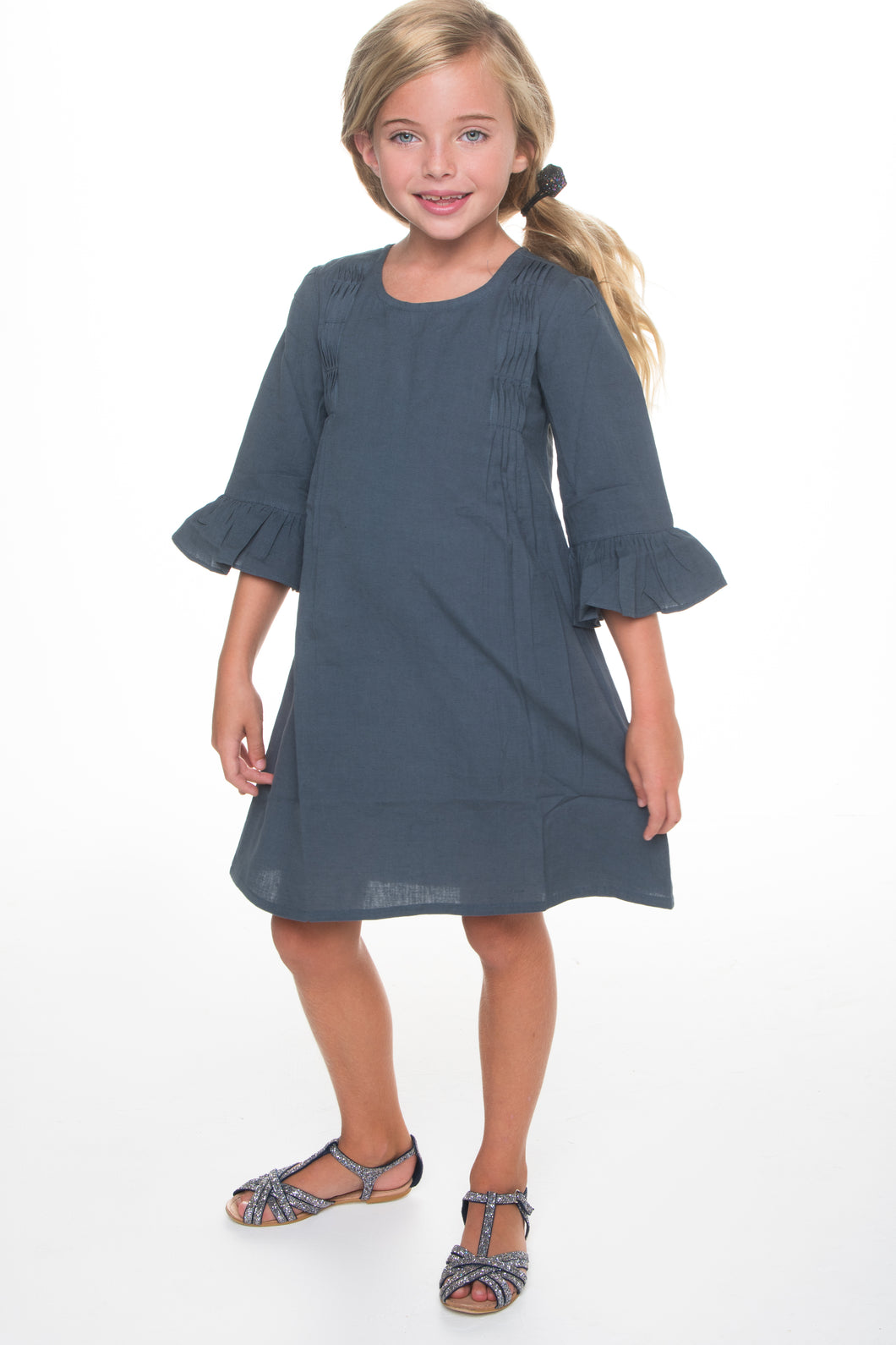 Grey Pin Tuck Detail Dress With Bell Sleeves - Kids Wholesale Boutique Clothing, Dress - Girls Dresses, Yo Baby Wholesale - Yo Baby