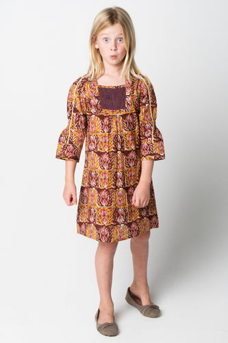 Orange & Persian Plum Smocked Floral Shift Dress With a Twill-String Sleeve Detail - Kids Wholesale Boutique Clothing, Dress - Girls Dresses, Yo Baby Wholesale - Yo Baby
