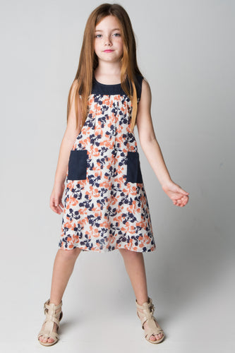 Floral Navy & Orange Apron Style Dress - Kids Wholesale Boutique Clothing, Dress - Girls Dresses, Yo Baby Wholesale - Yo Baby