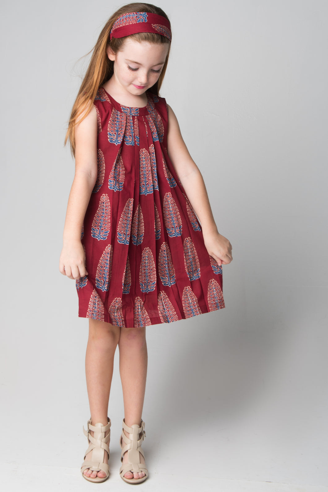 Maroon Leaf Print Pleated Shift Dress With Matching Headband - Kids Wholesale Boutique Clothing, Dress - Girls Dresses, Yo Baby Wholesale - Yo Baby
