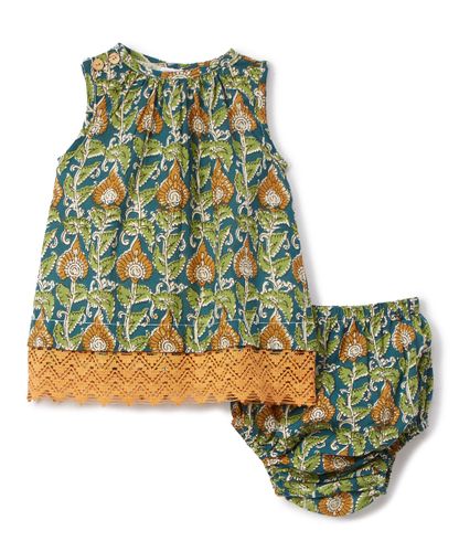 Green & Yellow Floral Lace-Hem Shift Dress with Diaper Cover 2pc.set - Kids Wholesale Boutique Clothing, 2-pc. set - Girls Dresses, Yo Baby Wholesale - Yo Baby