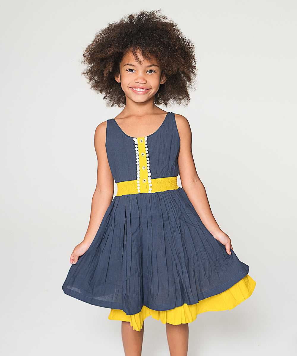 Navy & Yellow Lace Detail dress - Kids Wholesale Boutique Clothing, Dress - Girls Dresses, Yo Baby Wholesale - Yo Baby